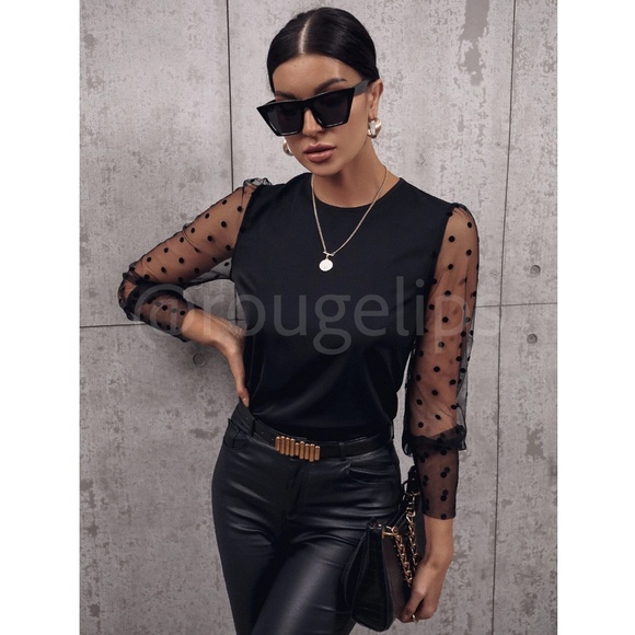 Black Sheer Mesh Detail Polka Dot Shirt Long Sleeve Top - Picture 3 of 7